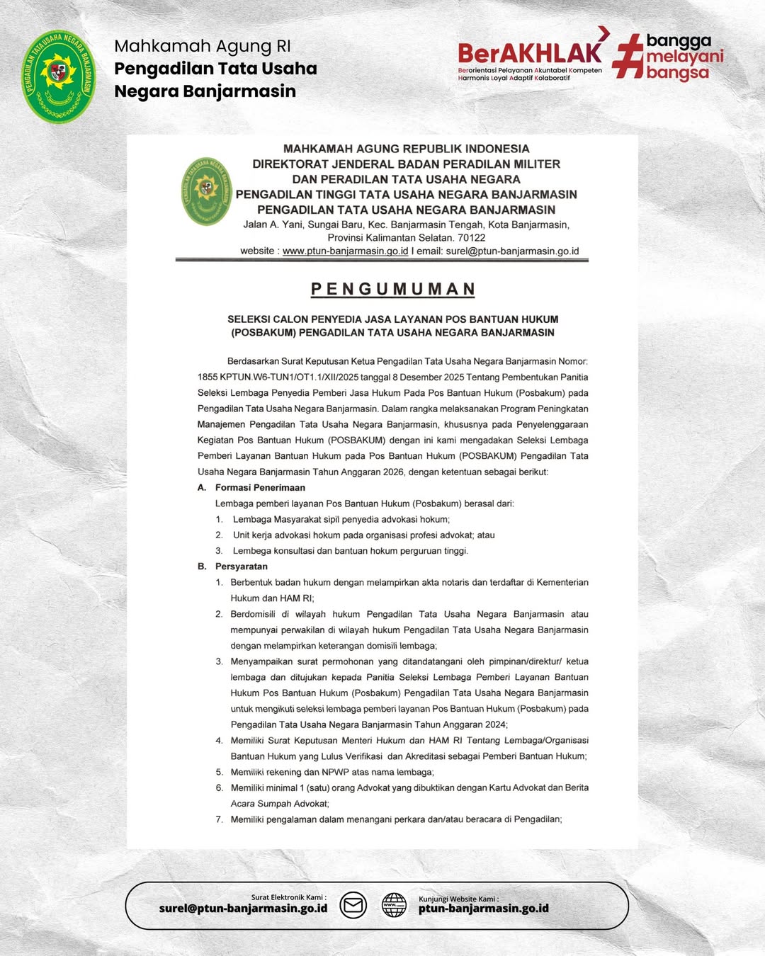 Banjarmasin 9 Desember 2025Seleksi Calon Penyedia Jasa Layanan Pos Bantuan Hukum POSBAKUMBerd 2