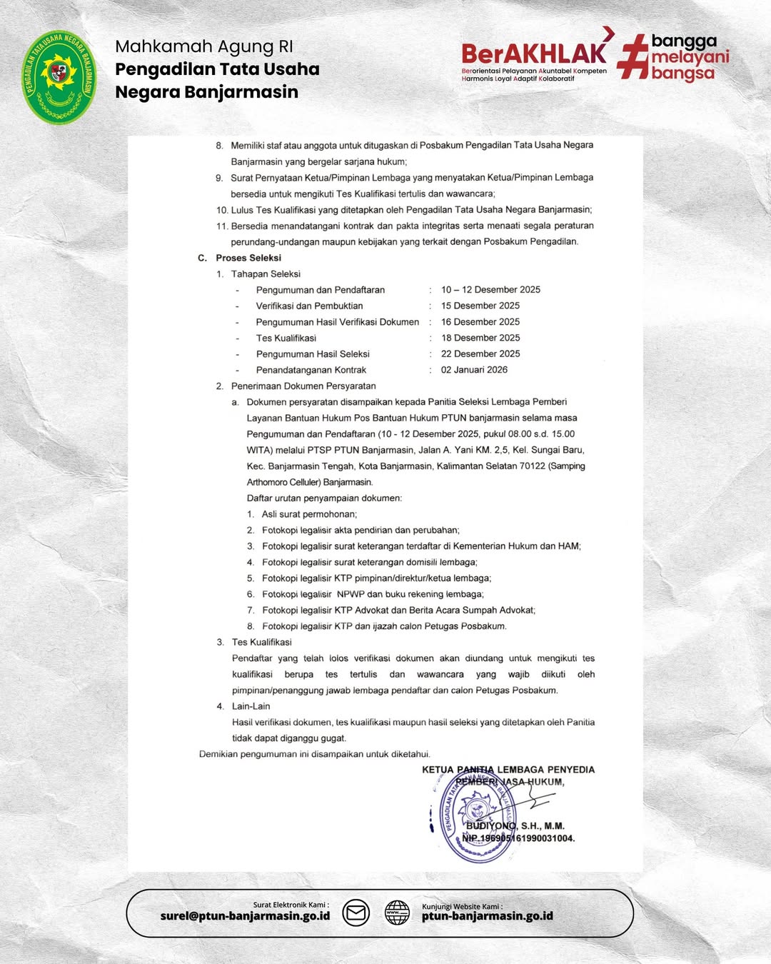 Banjarmasin 9 Desember 2025Seleksi Calon Penyedia Jasa Layanan Pos Bantuan Hukum POSBAKUMBerd 3